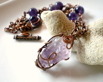 Amethyst Crystal Necklace, Raw Amethyst Pendant, Wire Wrapped Amethyst Pendant, Amethyst with Copper Chain Necklace,  Birthstone Jewelry