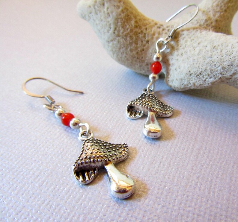 Mushroom Earrings, Silver Color Mushroom and Red Coral Earrings, Dangle Mushroom Earrings, Bumpy Mushroom Charms Earrings, Mushroom Jewelry image 1