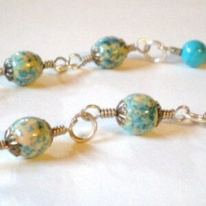 Necklace Blue, Peach and Ivory, Speckled Hand Painted Wood Beads, Turquoise Color Howlite, Wire Wrapped image 3