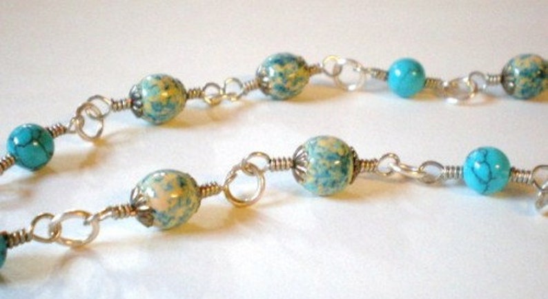 Necklace Blue, Peach and Ivory, Speckled Hand Painted Wood Beads, Turquoise Color Howlite, Wire Wrapped image 3