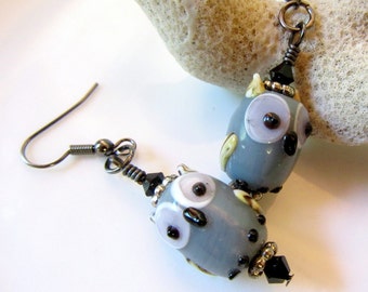 Gray Owls Earrings, Lampwork Glass Owls Earrings, Big Eyes Owl Jewelry, Gray Owl Earrings with Faceted Black Crystals