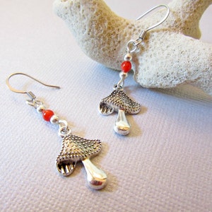 Mushroom Earrings, Silver Color Mushroom and Red Coral Earrings, Dangle Mushroom Earrings, Bumpy Mushroom Charms Earrings, Mushroom Jewelry image 5