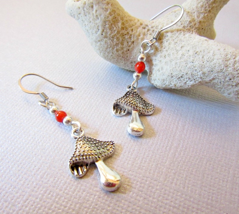 Mushroom Earrings, Silver Color Mushroom and Red Coral Earrings, Dangle Mushroom Earrings, Bumpy Mushroom Charms Earrings, Mushroom Jewelry image 5