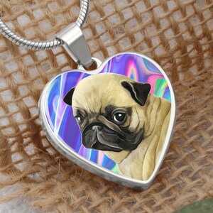 Pug Luxury Necklace, Pug Heart God Necklace, Silver Pug Necklace, engraving available