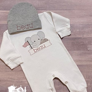 Elephant Mascot Inspired Boys Take Me Home Outfit with Hat, Personalized Baby Gift, Elephant Romper, Elephant Take Home, Take home romper