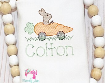 Boy's Bodysuit, Shirt or Romper - Bunny in Car, Boy's Easter Shirt, Bunny Shirt, Personalized Easter, Monogrammed Easter, Easter Bunny