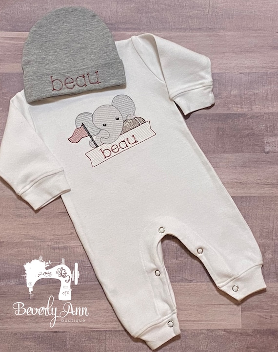 Elephant Boys Take Me Home Outfit with Optional Hat, Personalized Baby Gift, Elephant Romper, Elephant Take Home, Take home romper