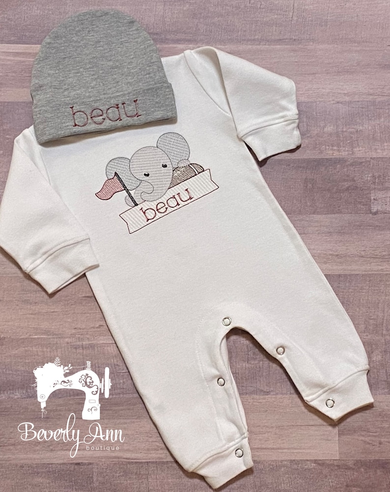 Elephant Boys Take Me Home Outfit with Optional Hat, Personalized Baby Gift, Elephant Romper, Elephant Take Home, Take home romper image 1