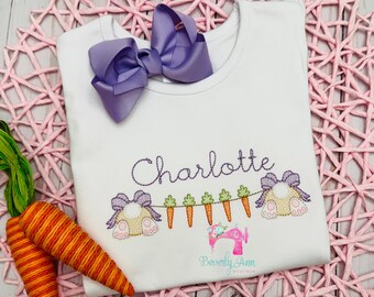 Embroidered Easter Shirt, Bunny Banner Sketch, Personalized Girls Shirt