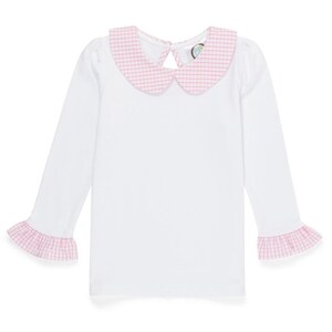 May include: White long-sleeve shirt with a pink gingham collar and cuffs. The collar has a small opening in the back.