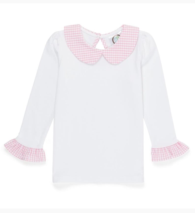 May include: White long-sleeve shirt with a pink gingham collar and cuffs. The collar has a small opening in the back.