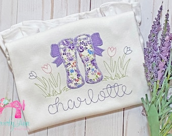 Girl's Springtime Rainboots Applique Shirt, Girl’s Summer Shirt, Girl’s Appliqué Shirt, Girls Spring Shirt, Spring shirt, Personalized shirt