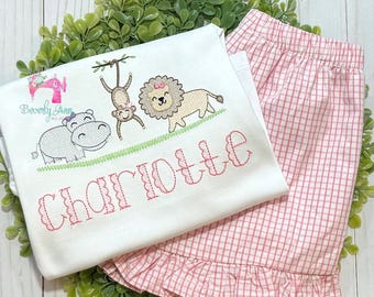 Girl's Embroidered Zoo Outfit, Personalized Girl Shirt, Zoo Trip Shirt, Zoo Outfit, Personalized Girl Zoo Outfit, Monogrammed Girl Outfit