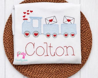 Personalized Valentine Baby Shirt, Embroidered Name Train Shirt, Baby Boy Valentine Outfit, Custom Baby Gift, Toddler Valentine Top