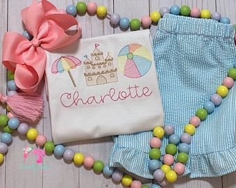 Girl's Embroidered Beach Shirt, Girl's Personalized Beach Shirt, Summer Vacation, Embroidered Sandcastle Shirt, Embroidered Beach Umbrella