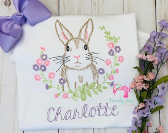 Girls Embroidered Easter Shirt, Vintage Bunny Sketch, Personalized Spring Top