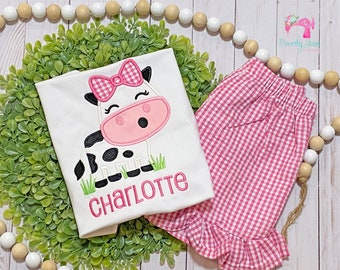 Girl's Cow Applique Shirt and Shorts, Girl's Monogrammed Shirt, Cow Shirt, Farm Shirt, Cow Birthday Outfit, Cow Outfit, Cow Birthday