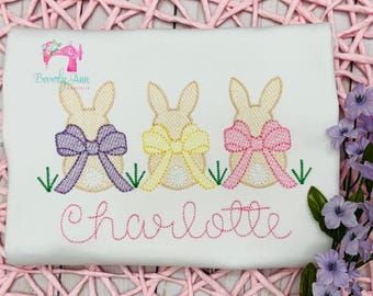 Girl's Embroidered Easter Shirt, Three Bunnies Sketch, Spring Shirt, Personalized Girl’s Easter Shirt, Embroidered Easter Shirt for girls