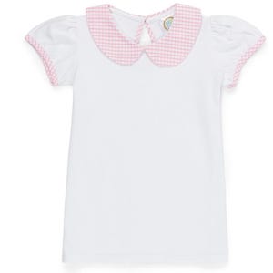May include: White short-sleeved shirt with a pink and white gingham collar.