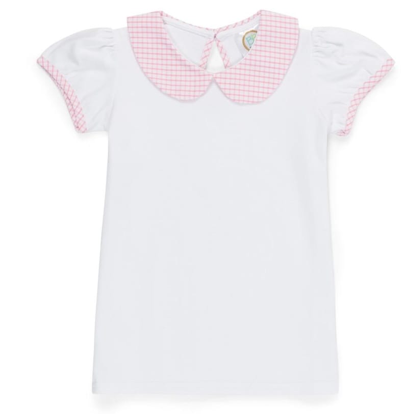May include: White short-sleeved shirt with a pink and white gingham collar.