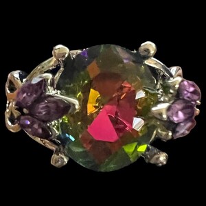 Fashion Jewelry Silvertone Mystic Topaz Stone w/Amethyst Side Stones Size 9.5