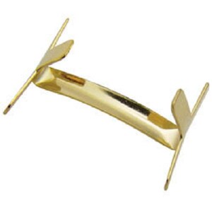 May include: A gold-colored metal paper fastener with a curved central bridge and two sets of flexible prongs extending from each end. The fastener features a smooth, reflective surface and a functional design for securing documents together.
