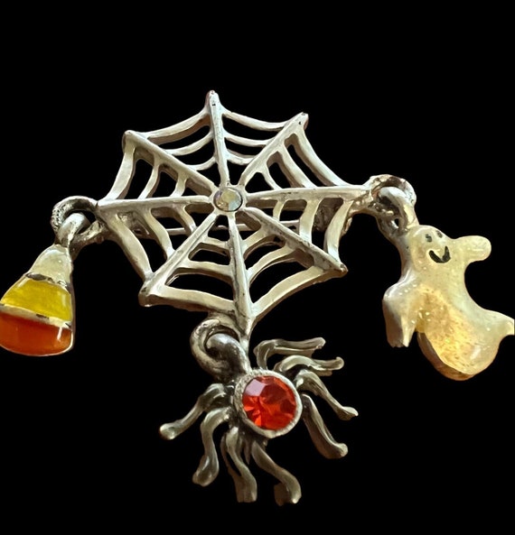 Vintage Halloween Metal Pumpkin Pin w/3 Charms Si… - image 1
