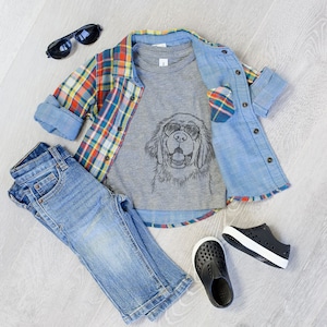 Mozart the Newfoundland Newfie Aviator Sunglasses Shirt - Kids Dog Tshirt - Animal Glasses T Shirt - Children Shirt