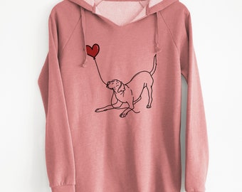 May include: A pink hooded sweatshirt with a graphic of a dog chasing a red heart-shaped balloon.