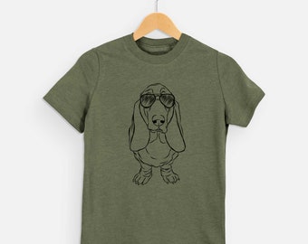 Charlie the Basset Hound - Kids Dog Tshirt - Animal Glasses T Shirt - Children Girl Boy Unisex Clothing