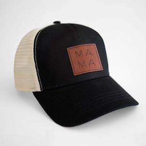 MAMA Boxed Trucker Hat - Mother&#39;s Day Gift, Vegan Leather Patch, Organic Eco-Friendly, Baby Shower Present, Gift for Mom
