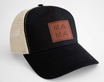 MAMA Boxed Trucker Hat - Mother's Day Gift, Vegan Leather Patch, Organic Eco-Friendly, Baby Shower Present, Gift for Mom