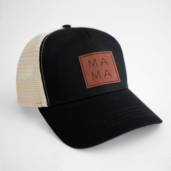 MAMA Boxed Trucker Hat - Mother's Day Gift, Vegan Leather Patch, Organic Eco-Friendly, Baby Shower Present, Gift for Mom