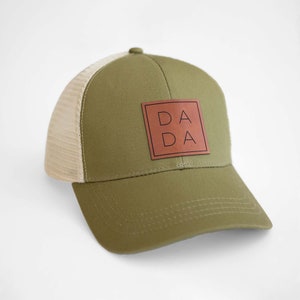 DADA Boxed Trucker Hat First Time Father's Day Gift, Vegan Leather Patch, Organic Eco-Friendly Olive/Beige