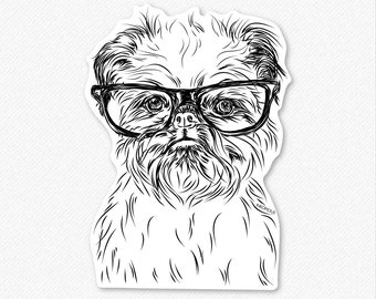 May include: Black and white line drawing of a Brussels Griffon dog wearing glasses. The dog is looking directly at the viewer.