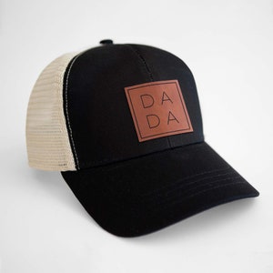 DADA Boxed Trucker Hat First Time Father's Day Gift, Vegan Leather Patch, Organic Eco-Friendly Black/Beige