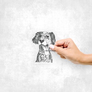 May include: Black and white illustration of a dog with its tongue sticking out. The dog is looking to the right and has a happy expression.