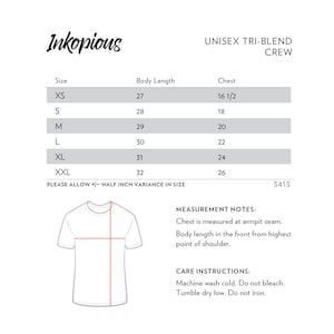 May include: Size chart for a unisex tri-blend crew neck t-shirt. The chart shows sizes XS through XXL with corresponding body length and chest measurements in inches.