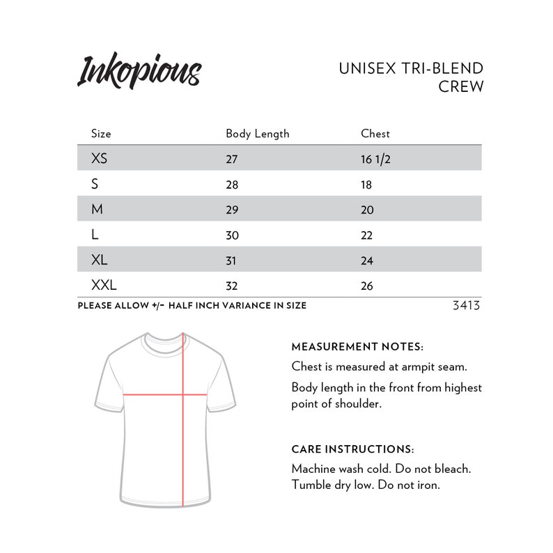 May include: Size chart for a unisex tri-blend crew neck t-shirt. The chart shows sizes XS through XXL with corresponding body length and chest measurements in inches.