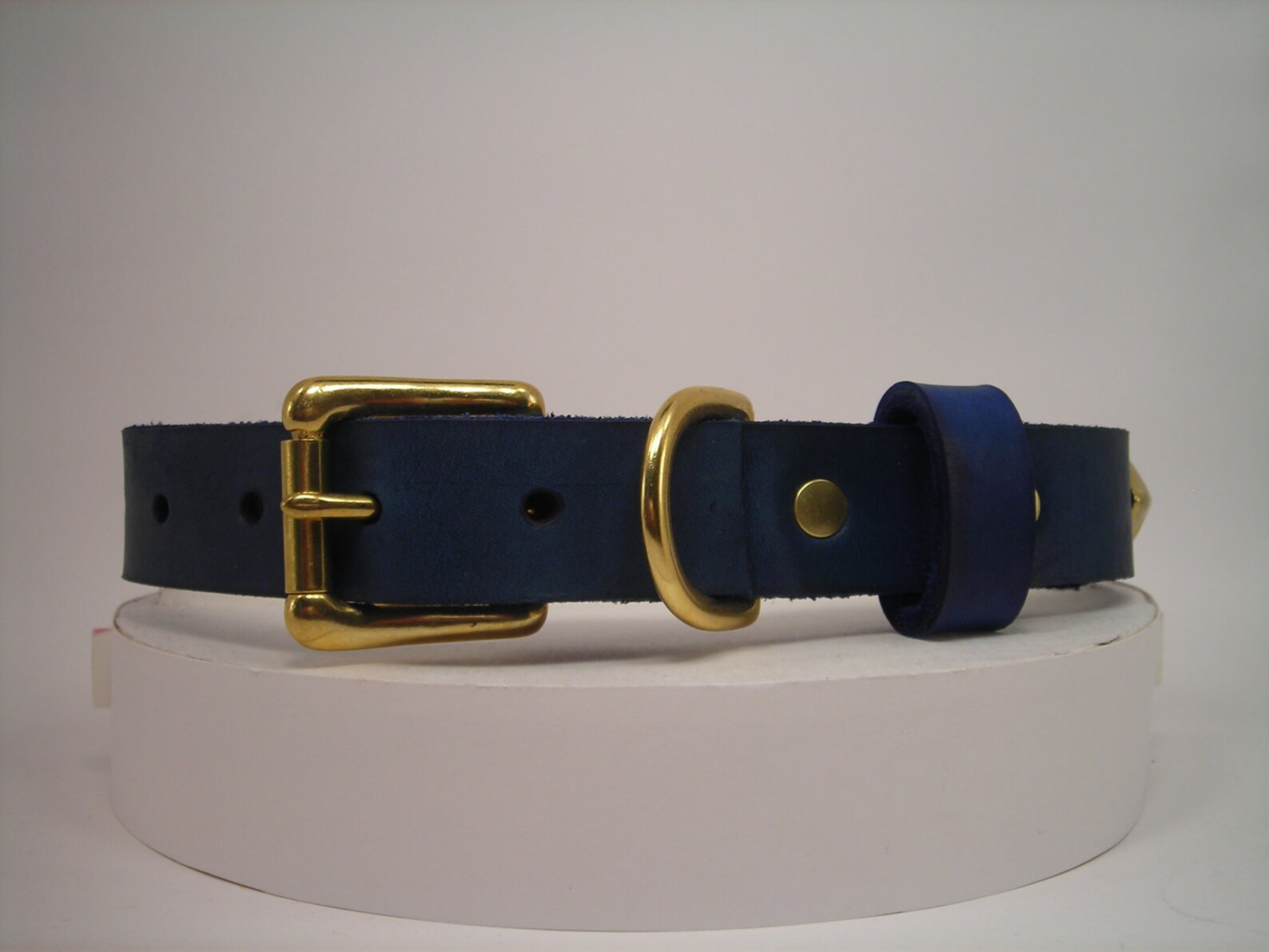 Blue Leather Dog Collar Decorated With Brass Pyramids & Round Etsy