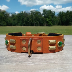 Tan Leather Dog Collar with Elongated Brass Pyramids, Brass Spots with Green Stone Insets and Brass Hardware, Free Shipping