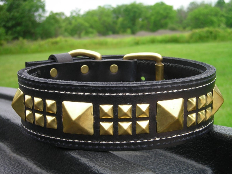Black Leather Dog Collar With Small and Large Brass Pyramids Etsy