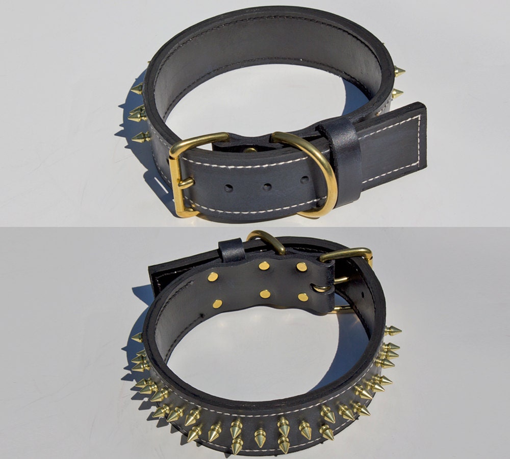 Black Genuine Leather Dog Collar With Solid Brass Hardware Etsy