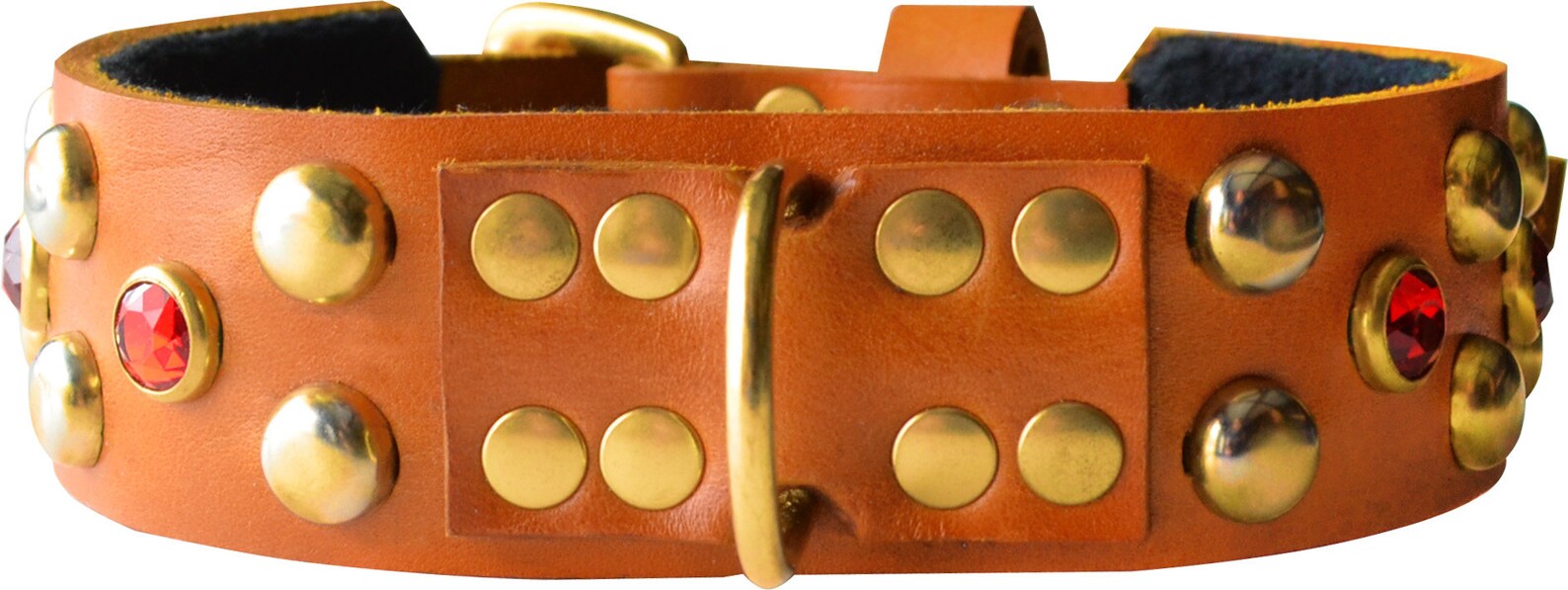 Tan Leather Collar With Round Brass Spots and Pink Acrylic Stone Insets