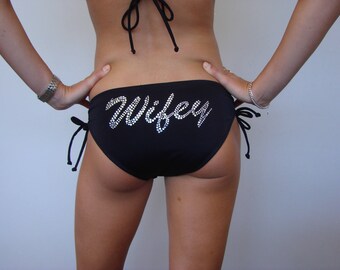 WIFEY BIKINI in BLACK. 'Wifey' appliqued in Sparkling Diamantes.  Fun & Flirty for the new Wifey