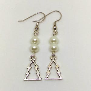 Christmas Tree Dangle Earrings: White Pearl Beaded Holiday Jewelry