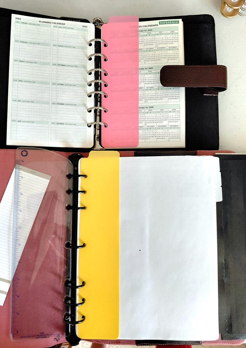 Pu&ograve; includere: Agenda aperto con copertina nera, con un calendario di pianificazione e calendari di riferimento. Divisori rosa e gialli separano le sezioni. L'agenda &egrave; aperta per mostrare le pagine e il raccoglitore ad anelli in metallo.