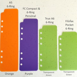 Pu&ograve; includere: Quattro inserti colorati per planner: arancione A5, viola FC Compact & 6-Ring Personal, verde trasparente True A6 e verde trasparente Filofax Pocket 6-Ring. Ogni inserto ha un design a 6 anelli ed &egrave; etichettato con dimensioni e colore.