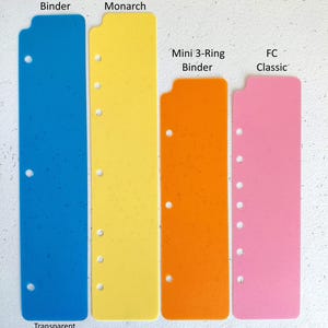 Pu&ograve; includere: Quattro divisori per planner colorati: blu trasparente 3-Ring Binder, giallo FC Monarch, arancione Mini 3-Ring Binder e rosa FC Classic. Ogni divisore ha fori preforati per la rilegatura. I colori sono etichettati con i rispettivi nomi.