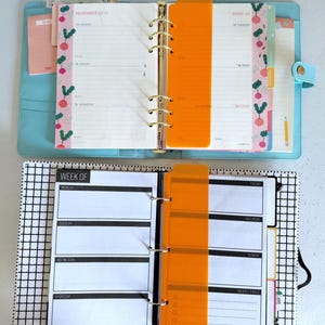 Pu&ograve; includere: Due agende aperte con divisori arancioni. L'agenda superiore &egrave; azzurra con anelli dorati e un bordo a fantasia rosa e verde. L'agenda inferiore ha un motivo a griglia in bianco e nero. Entrambe le agende hanno layout settimanali.
